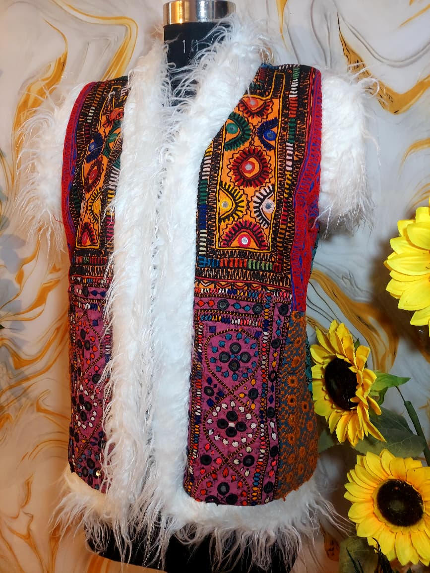 Embroidered Floral Boho Fur Waistcoat