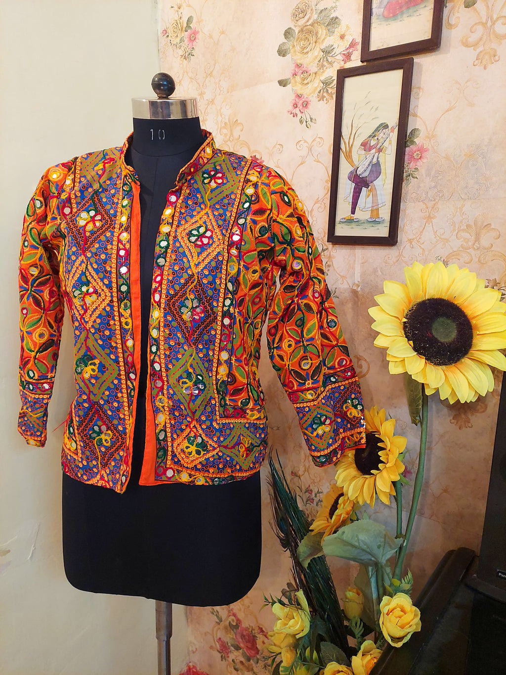 Traditional Indian Hand-Embroidered Banjara Mirror-Work Jacket Orange handmade fleece warm jacket, traditional phulkari embroidery with mirror work, festival christmas