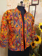 Traditional Indian Hand-Embroidered Banjara Mirror-Work Jacket Orange handmade fleece warm jacket, traditional phulkari embroidery with mirror work, festival christmas