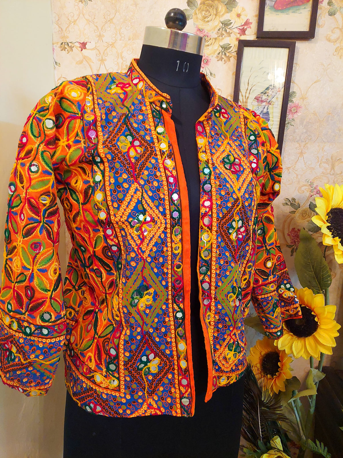Traditional Indian Hand-Embroidered Banjara Mirror-Work Jacket Orange handmade fleece warm jacket, traditional phulkari embroidery with mirror work, festival christmas