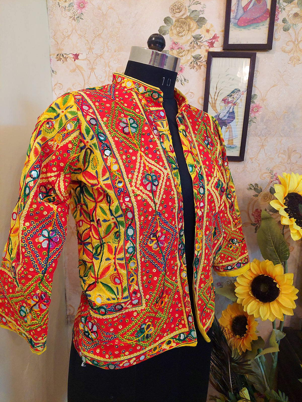 Traditional Indian Hand-Embroidered Banjara Mirror-Work Jacket Orange handmade fleece warm jacket, traditional phulkari embroidery with mirror work, festival christmas
