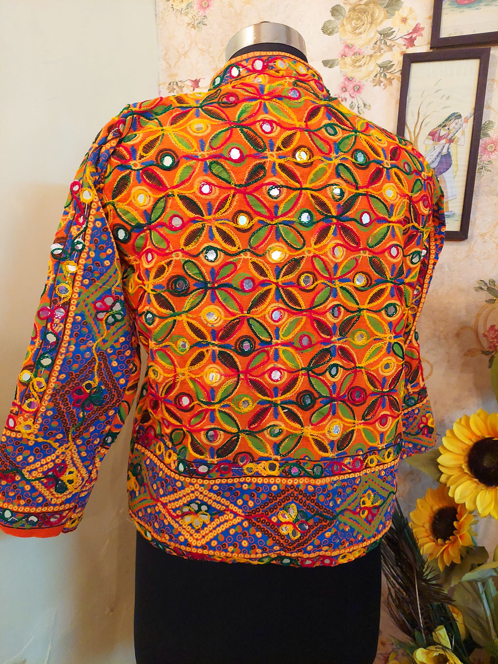 Traditional Indian Hand-Embroidered Banjara Mirror-Work Jacket Orange handmade fleece warm jacket, traditional phulkari embroidery with mirror work, festival christmas