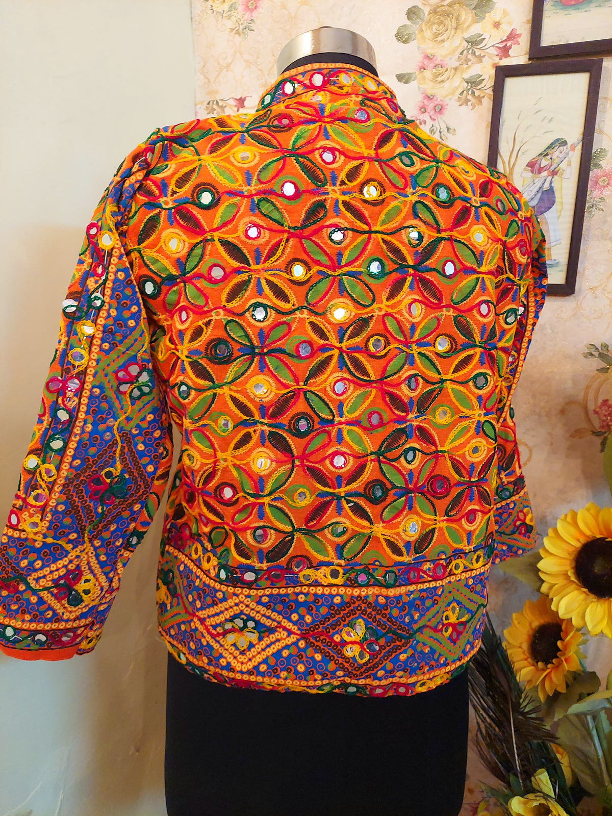 Traditional Indian Hand-Embroidered Banjara Mirror-Work Jacket Orange handmade fleece warm jacket, traditional phulkari embroidery with mirror work, festival christmas