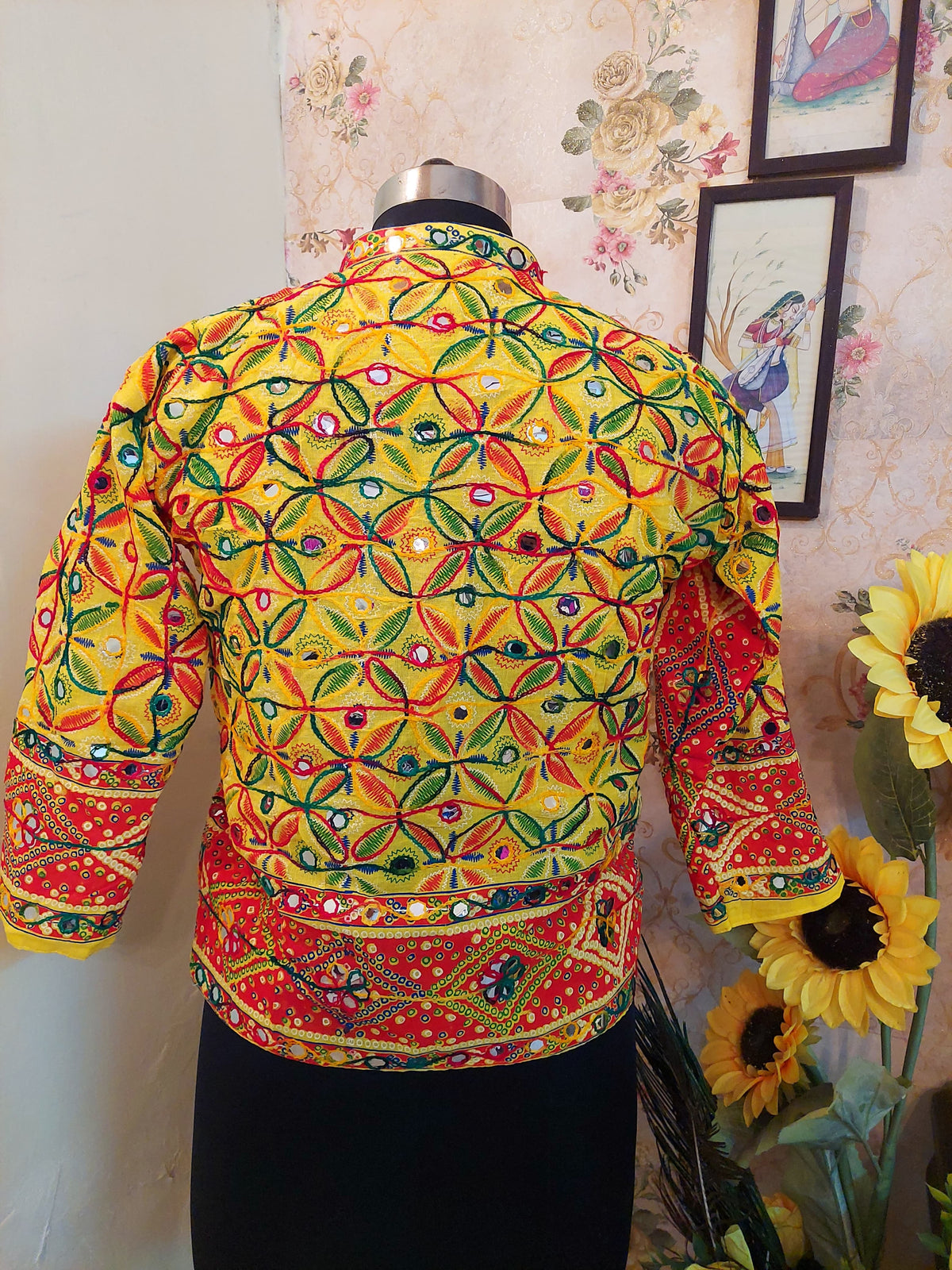 Traditional Indian Hand-Embroidered Banjara Mirror-Work Jacket Orange handmade fleece warm jacket, traditional phulkari embroidery with mirror work, festival christmas