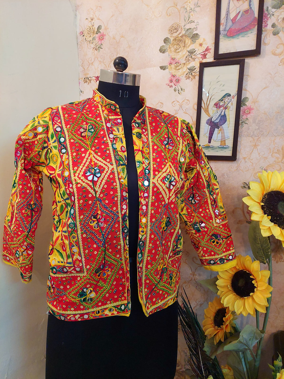 Traditional Indian Hand-Embroidered Banjara Mirror-Work Jacket Orange handmade fleece warm jacket, traditional phulkari embroidery with mirror work, festival christmas