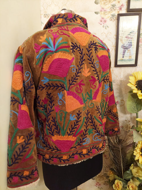 Black Handmade Velvet Suzani Jacket: Fleece Lined Kashmiri Embroidery