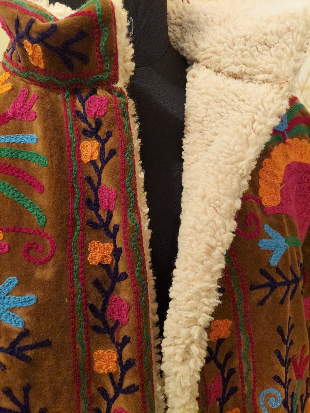 Black Handmade Velvet Suzani Jacket: Fleece Lined Kashmiri Embroidery