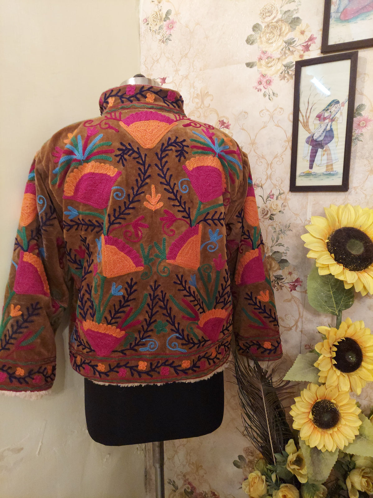 Black Handmade Velvet Suzani Jacket: Fleece Lined Kashmiri Embroidery