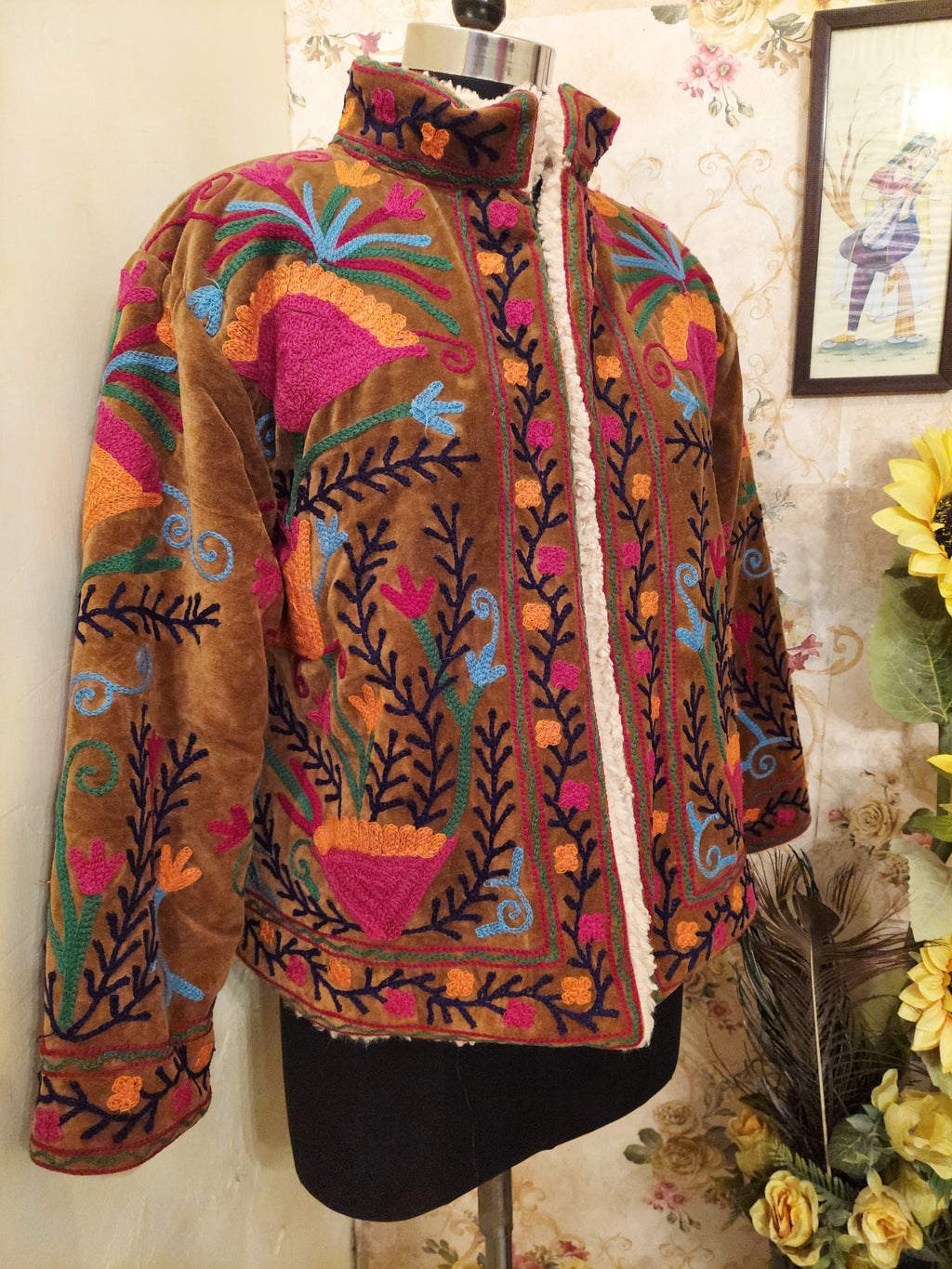 Black Handmade Velvet Suzani Jacket: Fleece Lined Kashmiri Embroidery
