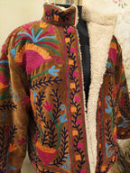 Black Handmade Velvet Suzani Jacket: Fleece Lined Kashmiri Embroidery