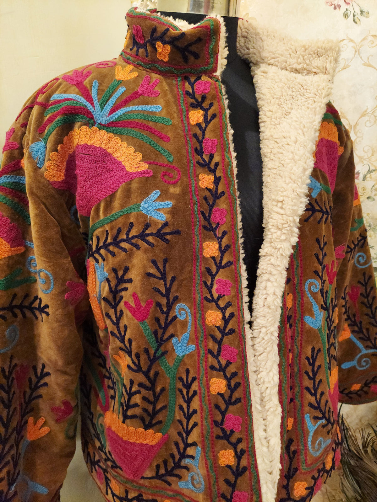 Black Handmade Velvet Suzani Jacket: Fleece Lined Kashmiri Embroidery