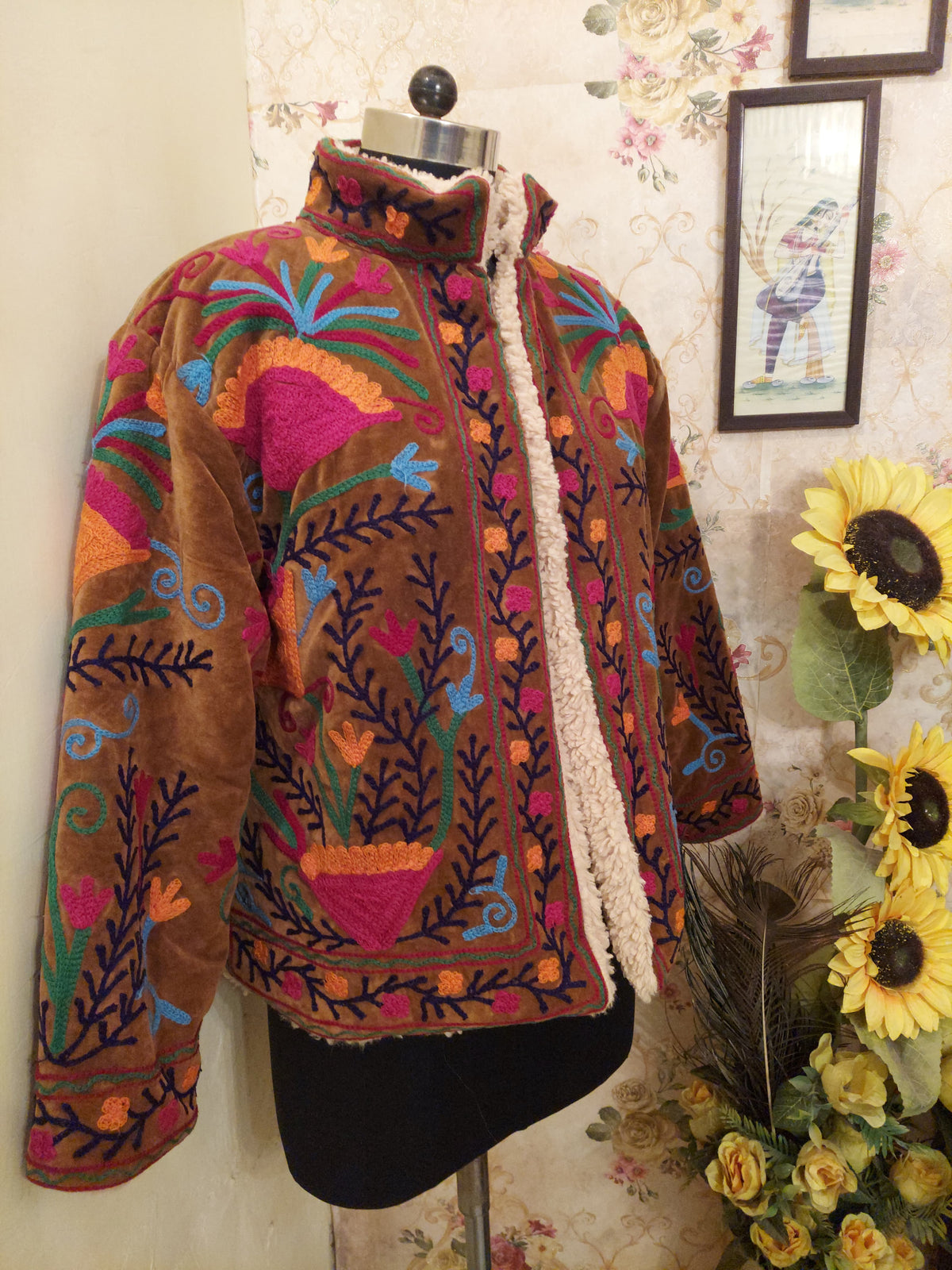 Black Handmade Velvet Suzani Jacket: Fleece Lined Kashmiri Embroidery
