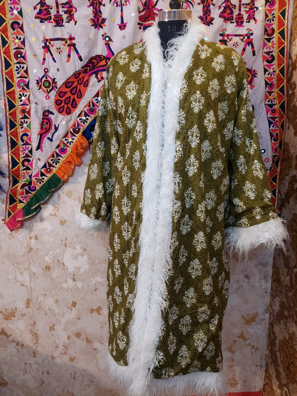 Handmade Suzani Embroidered Coat: Bohemian Faux Fur Trim Afghan Style