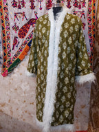 Handmade Suzani Embroidered Coat: Bohemian Faux Fur Trim Afghan Style