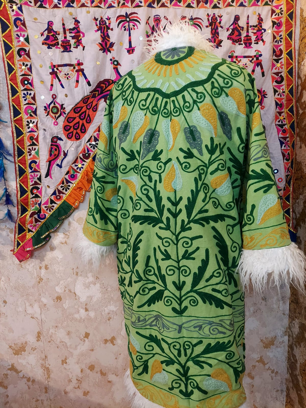 Handmade Suzani Embroidered Coat: Bohemian Faux Fur Trim Afghan Style