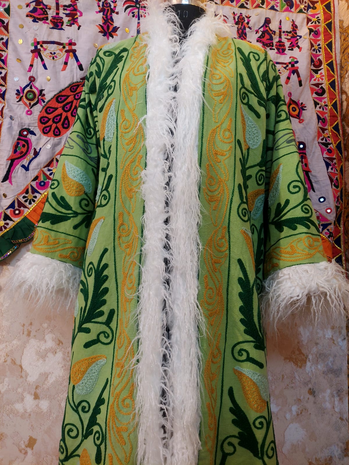 Handmade Suzani Embroidered Coat: Bohemian Faux Fur Trim Afghan Style