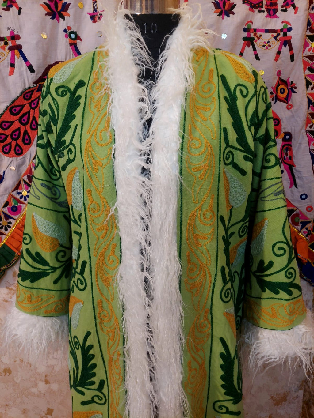 Handmade Suzani Embroidered Coat: Bohemian Faux Fur Trim Afghan Style