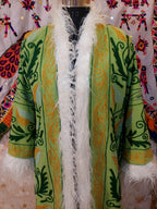 Handmade Suzani Embroidered Coat: Bohemian Faux Fur Trim Afghan Style