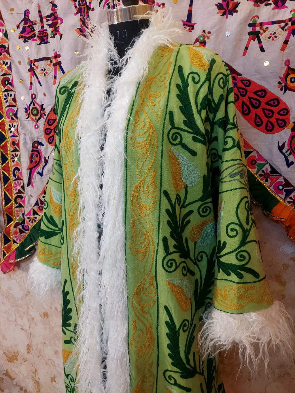 Handmade Suzani Embroidered Coat: Bohemian Faux Fur Trim Afghan Style