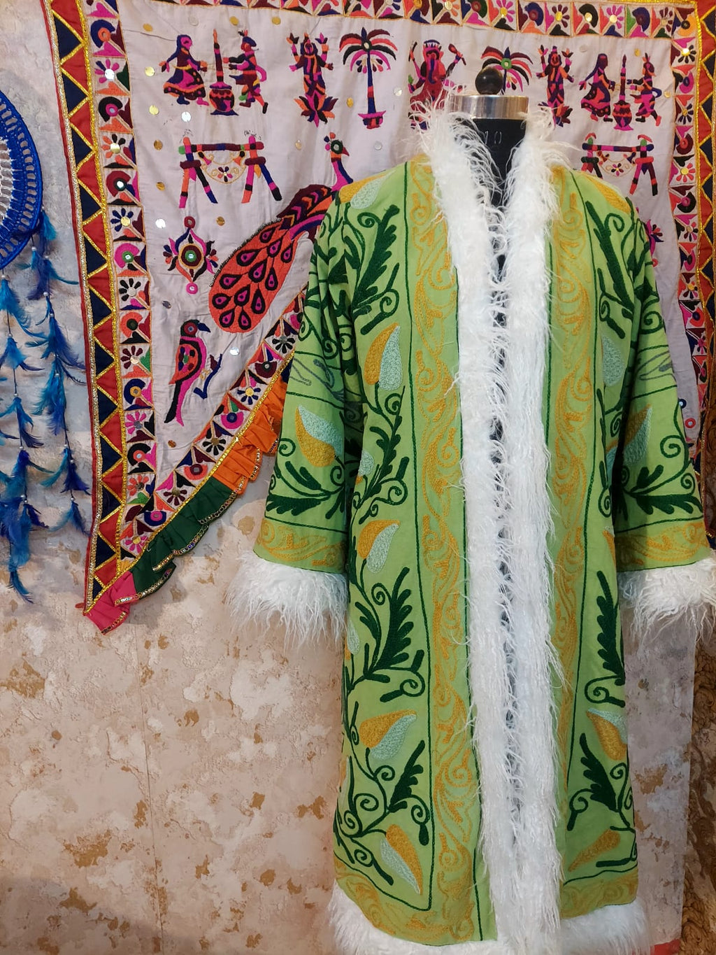 Handmade Suzani Embroidered Coat: Bohemian Faux Fur Trim Afghan Style