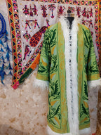 Handmade Suzani Embroidered Coat: Bohemian Faux Fur Trim Afghan Style