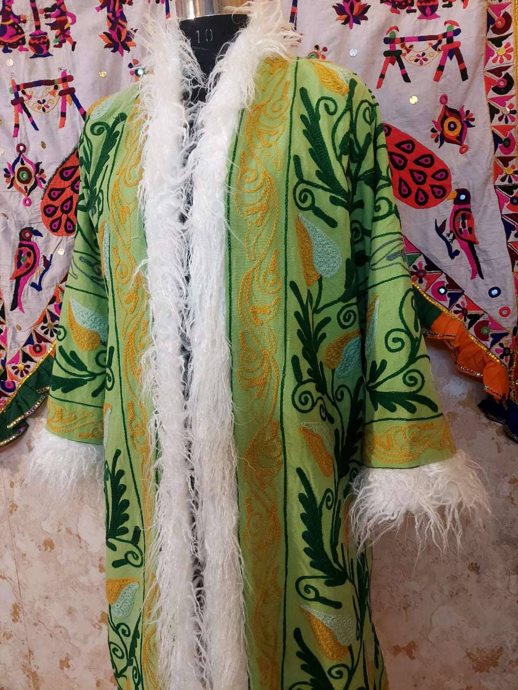 Handmade Suzani Embroidered Coat: Bohemian Faux Fur Trim Afghan Style