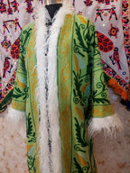 Handmade Suzani Embroidered Coat: Bohemian Faux Fur Trim Afghan Style