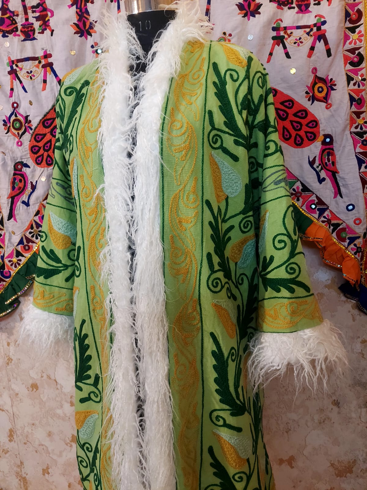 Handmade Suzani Embroidered Coat: Bohemian Faux Fur Trim Afghan Style