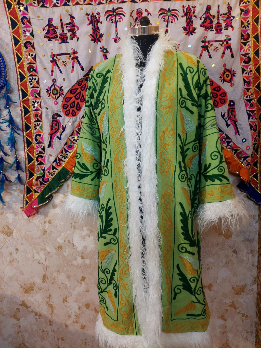 Handmade Suzani Embroidered Coat: Bohemian Faux Fur Trim Afghan Style