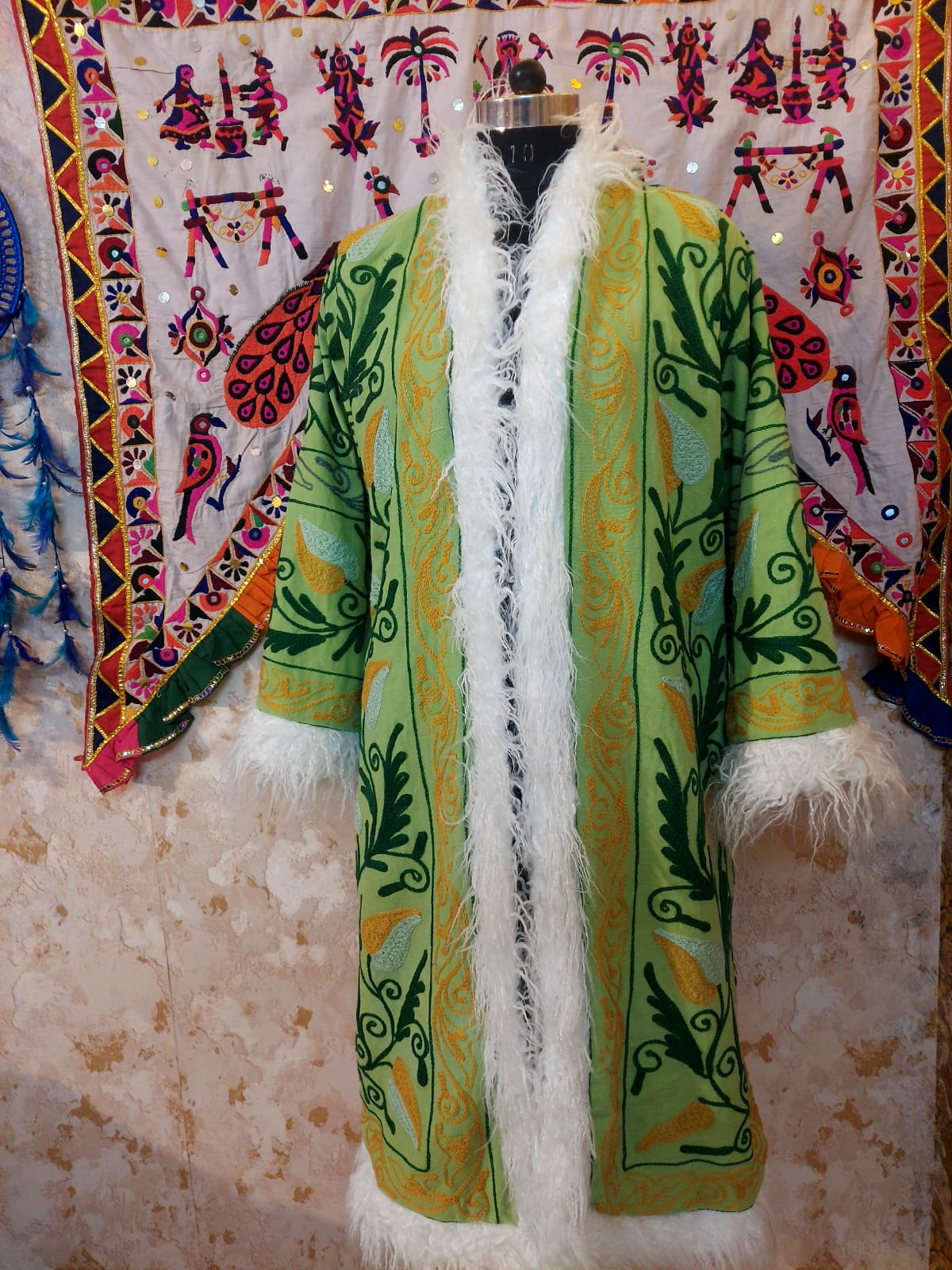 Handmade Suzani Embroidered Coat: Bohemian Faux Fur Trim Afghan Style