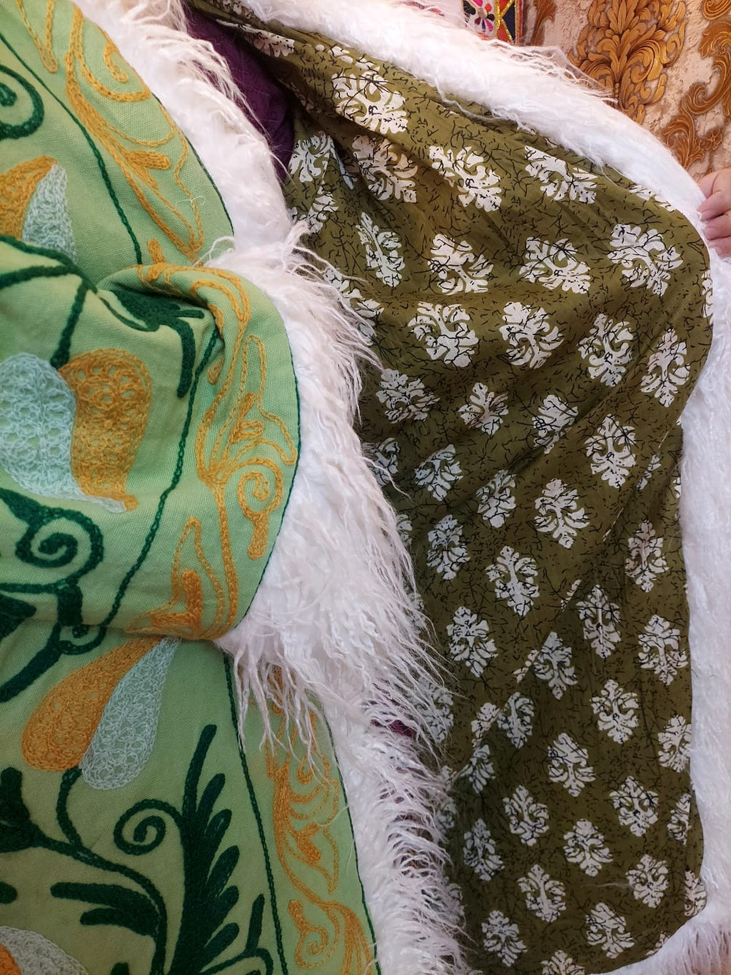 Handmade Suzani Embroidered Coat: Bohemian Faux Fur Trim Afghan Style