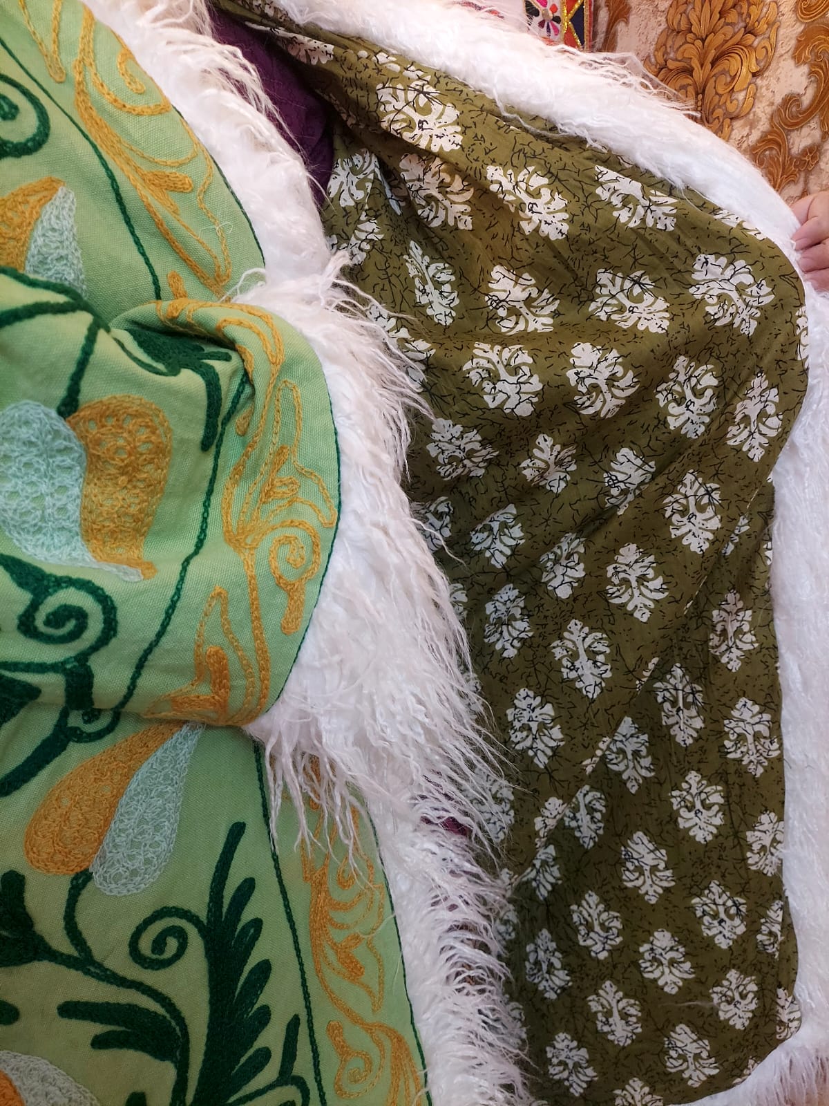 Handmade Suzani Embroidered Coat: Bohemian Faux Fur Trim Afghan Style