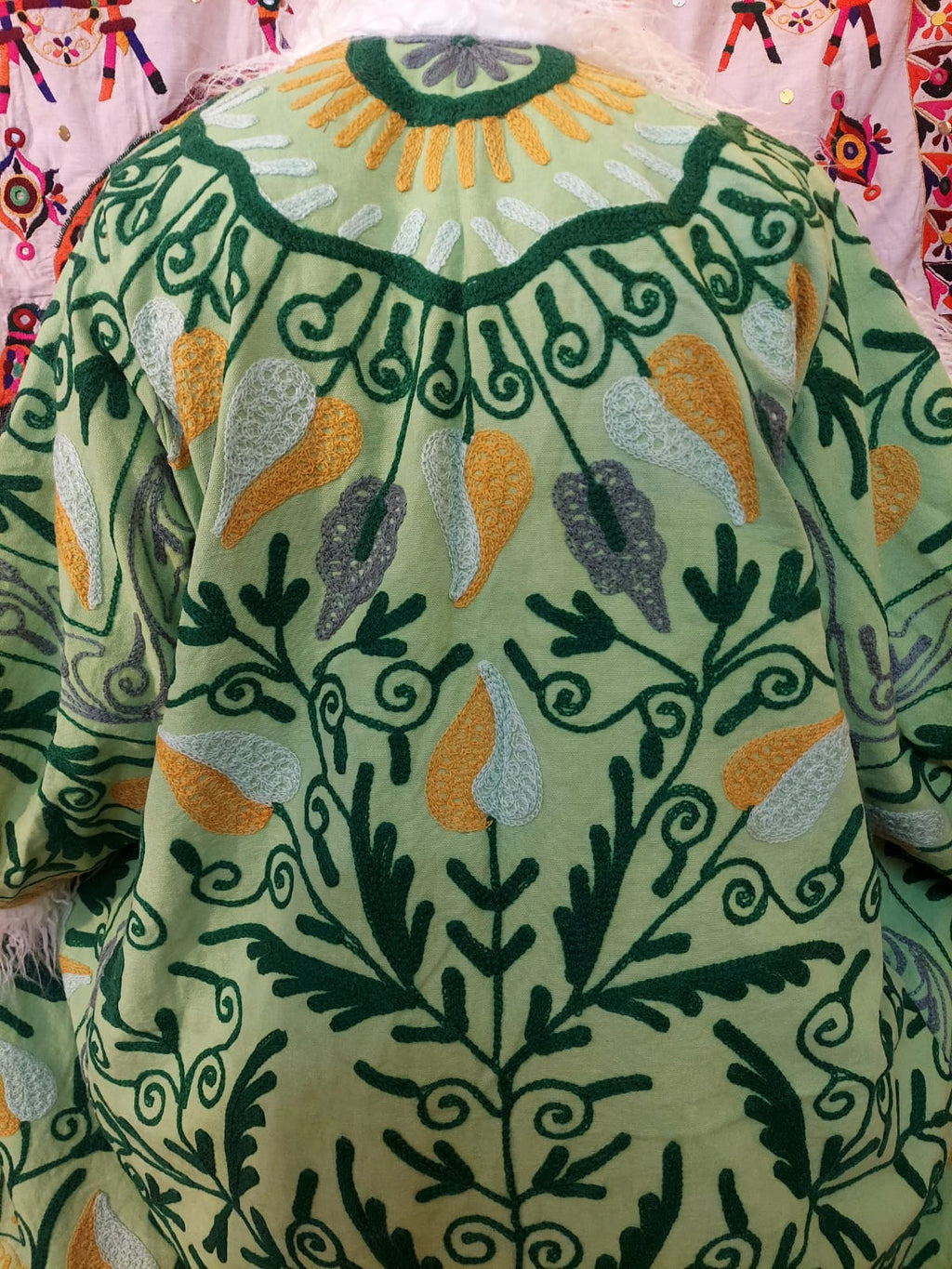 Handmade Suzani Embroidered Coat: Bohemian Faux Fur Trim Afghan Style