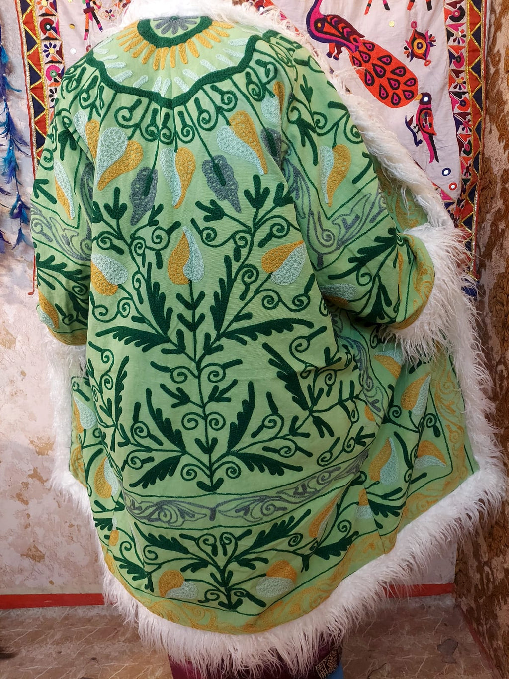 Handmade Suzani Embroidered Coat: Bohemian Faux Fur Trim Afghan Style