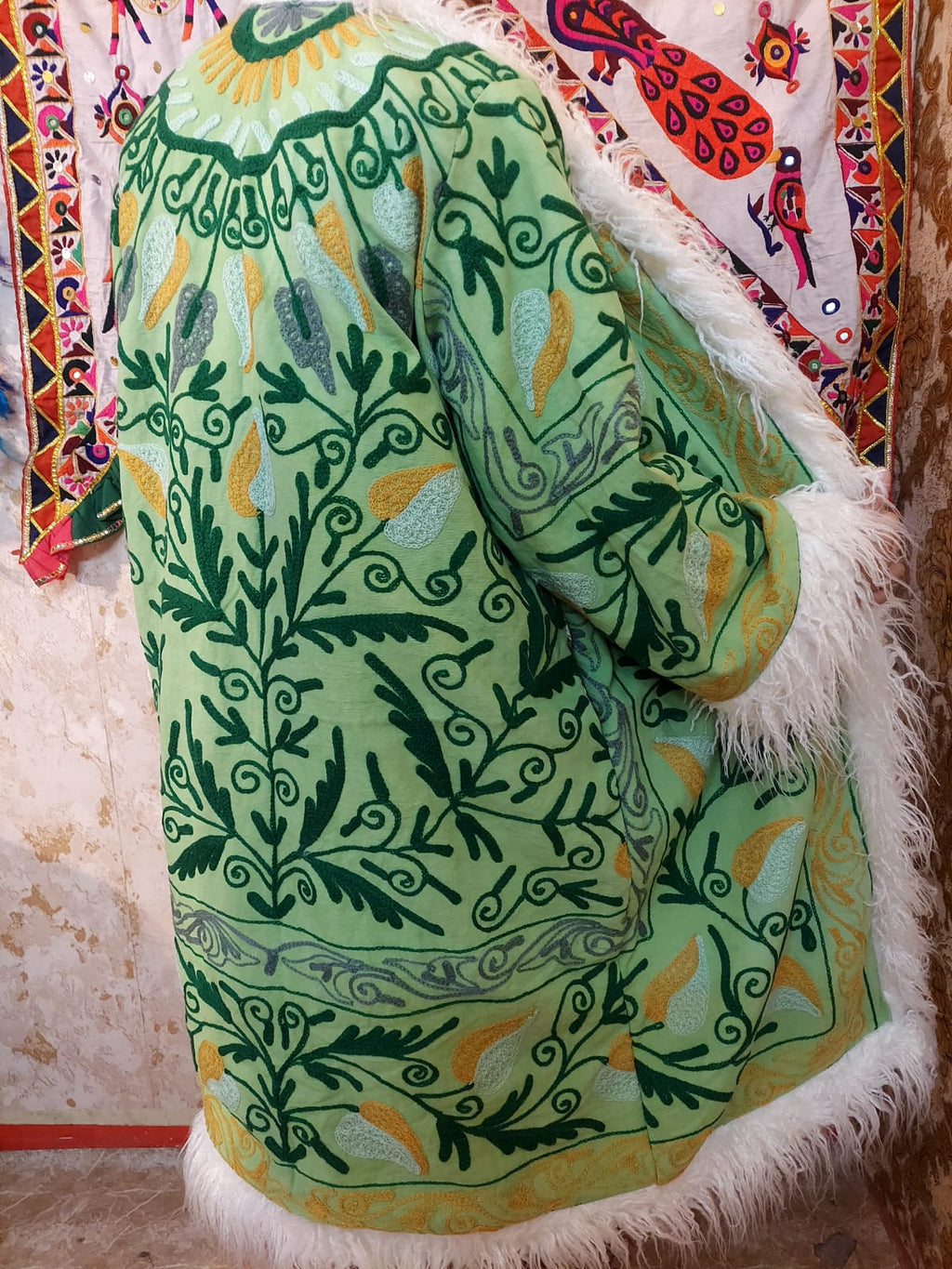 Handmade Suzani Embroidered Coat: Bohemian Faux Fur Trim Afghan Style