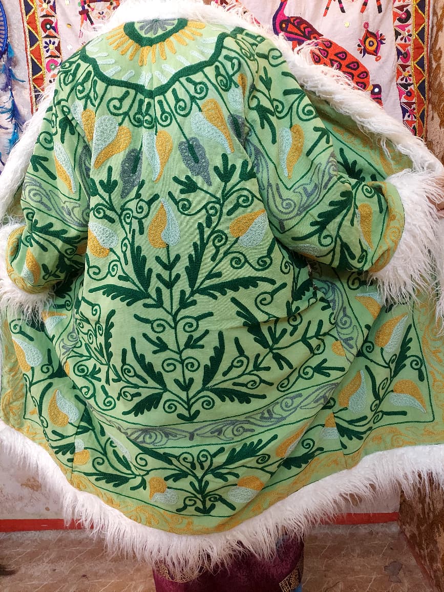 Handmade Suzani Embroidered Coat: Bohemian Faux Fur Trim Afghan Style