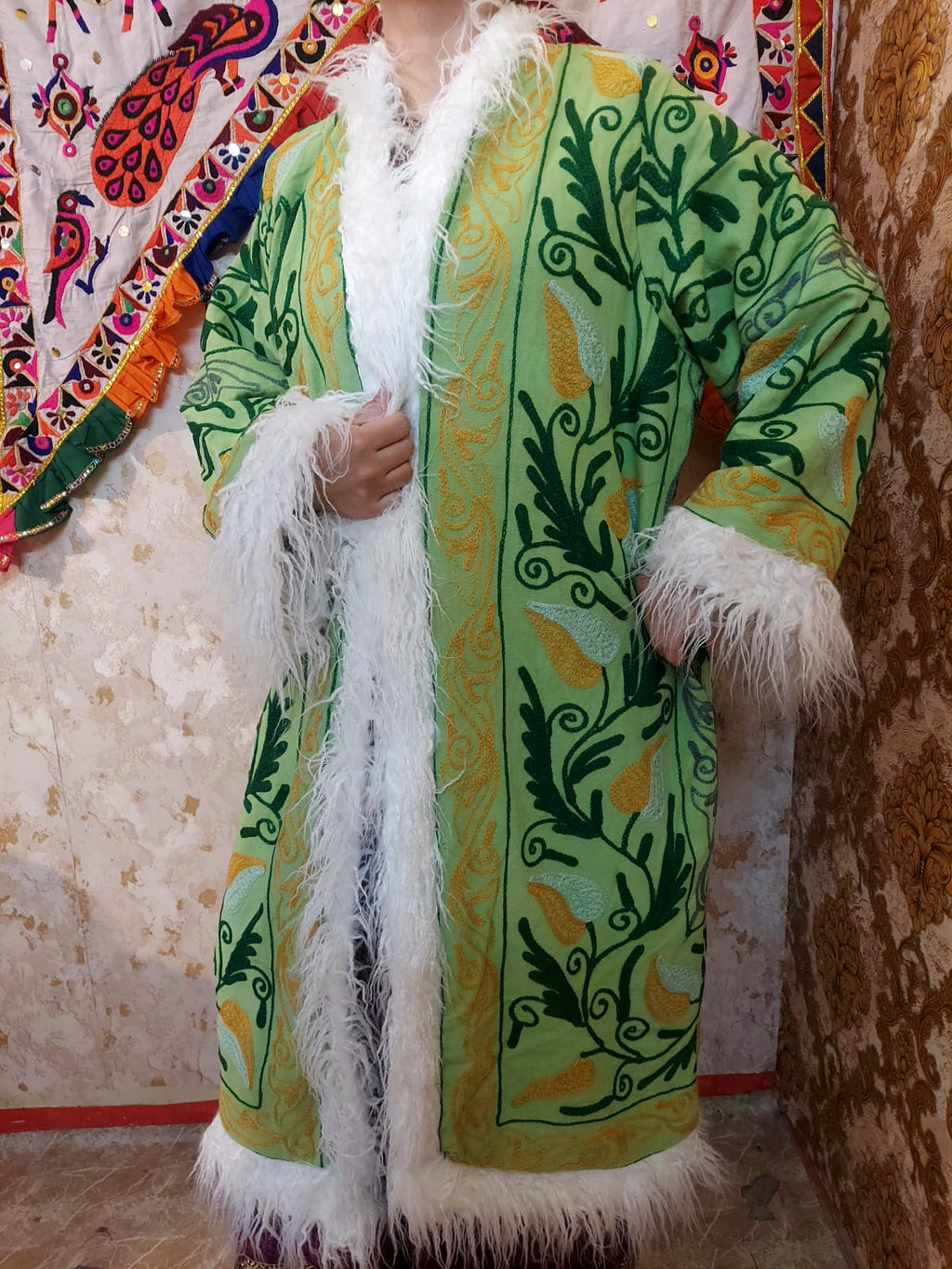 Handmade Suzani Embroidered Coat: Bohemian Faux Fur Trim Afghan Style