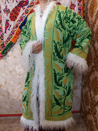 Handmade Suzani Embroidered Coat: Bohemian Faux Fur Trim Afghan Style