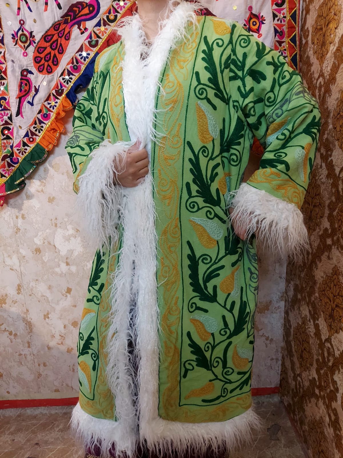 Handmade Suzani Embroidered Coat: Bohemian Faux Fur Trim Afghan Style