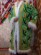 Handmade Suzani Embroidered Coat: Bohemian Faux Fur Trim Afghan Style