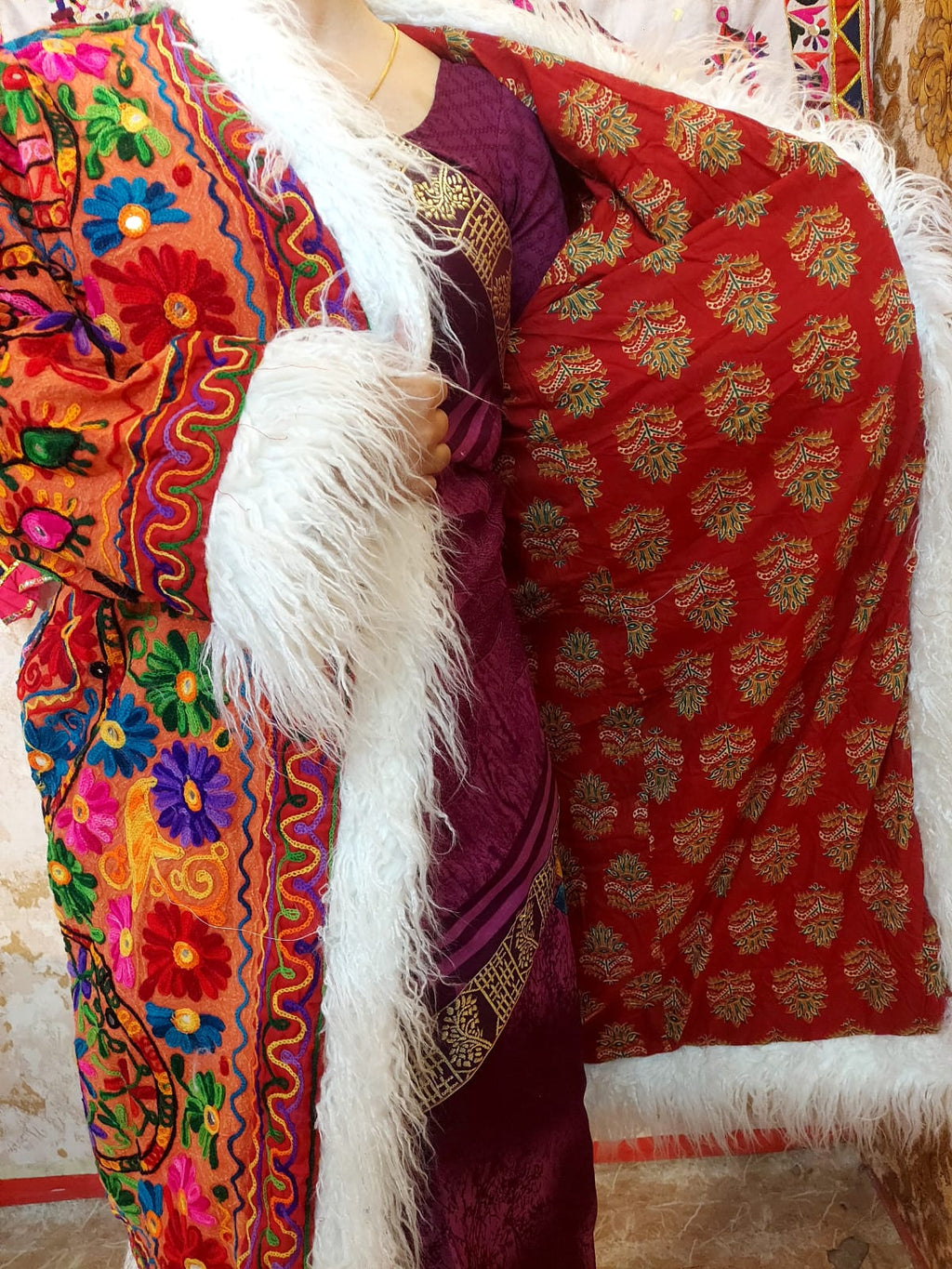 Vintage Lava Orange Floral Embroidered Afghan Coat: Mongolian Fur Trim, Reversible Cotton,