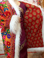Vintage Lava Orange Floral Embroidered Afghan Coat: Mongolian Fur Trim, Reversible Cotton,
