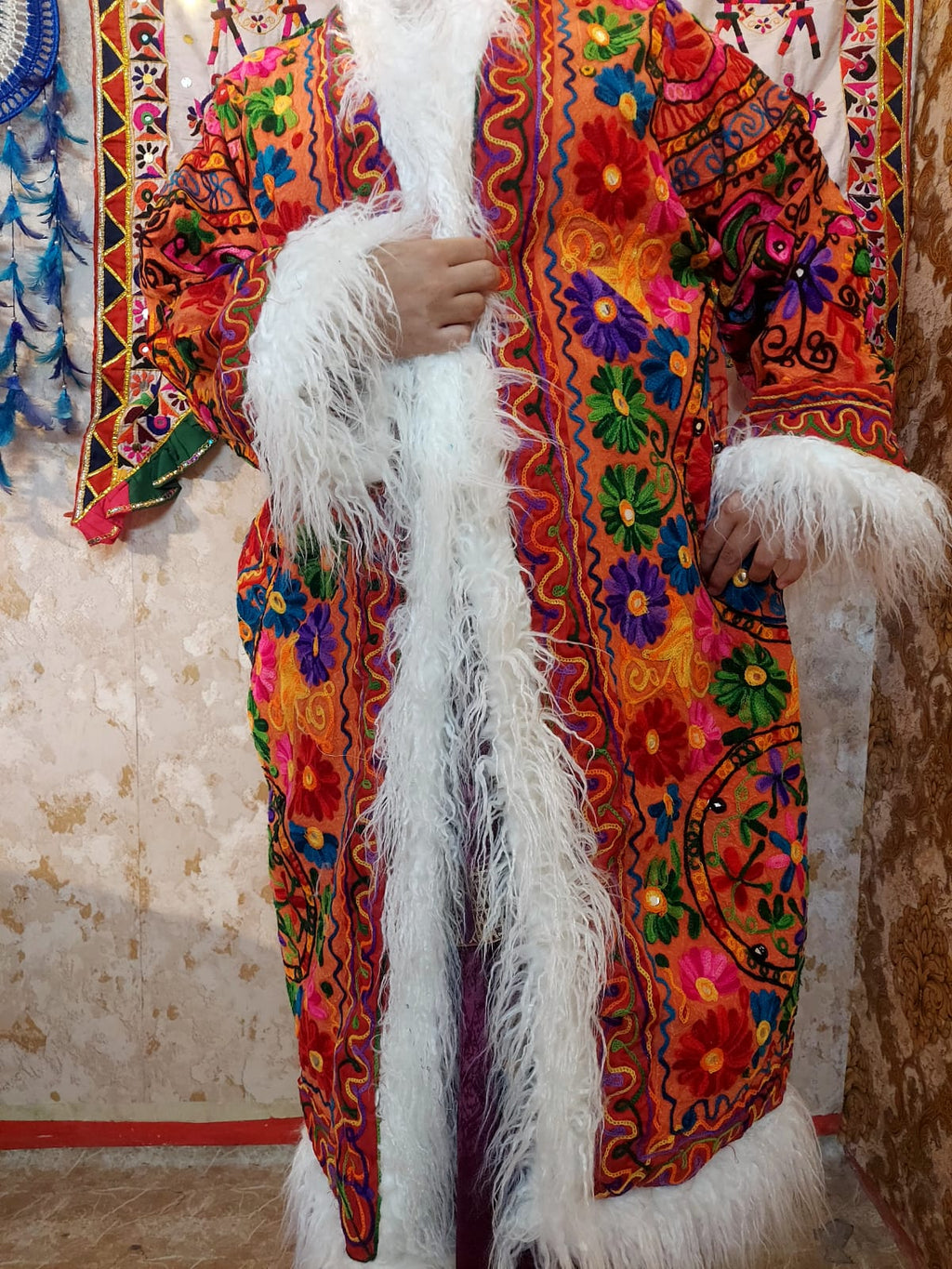 Vintage Lava Orange Floral Embroidered Afghan Coat: Mongolian Fur Trim, Reversible Cotton,
