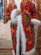 Vintage Lava Orange Floral Embroidered Afghan Coat: Mongolian Fur Trim, Reversible Cotton,