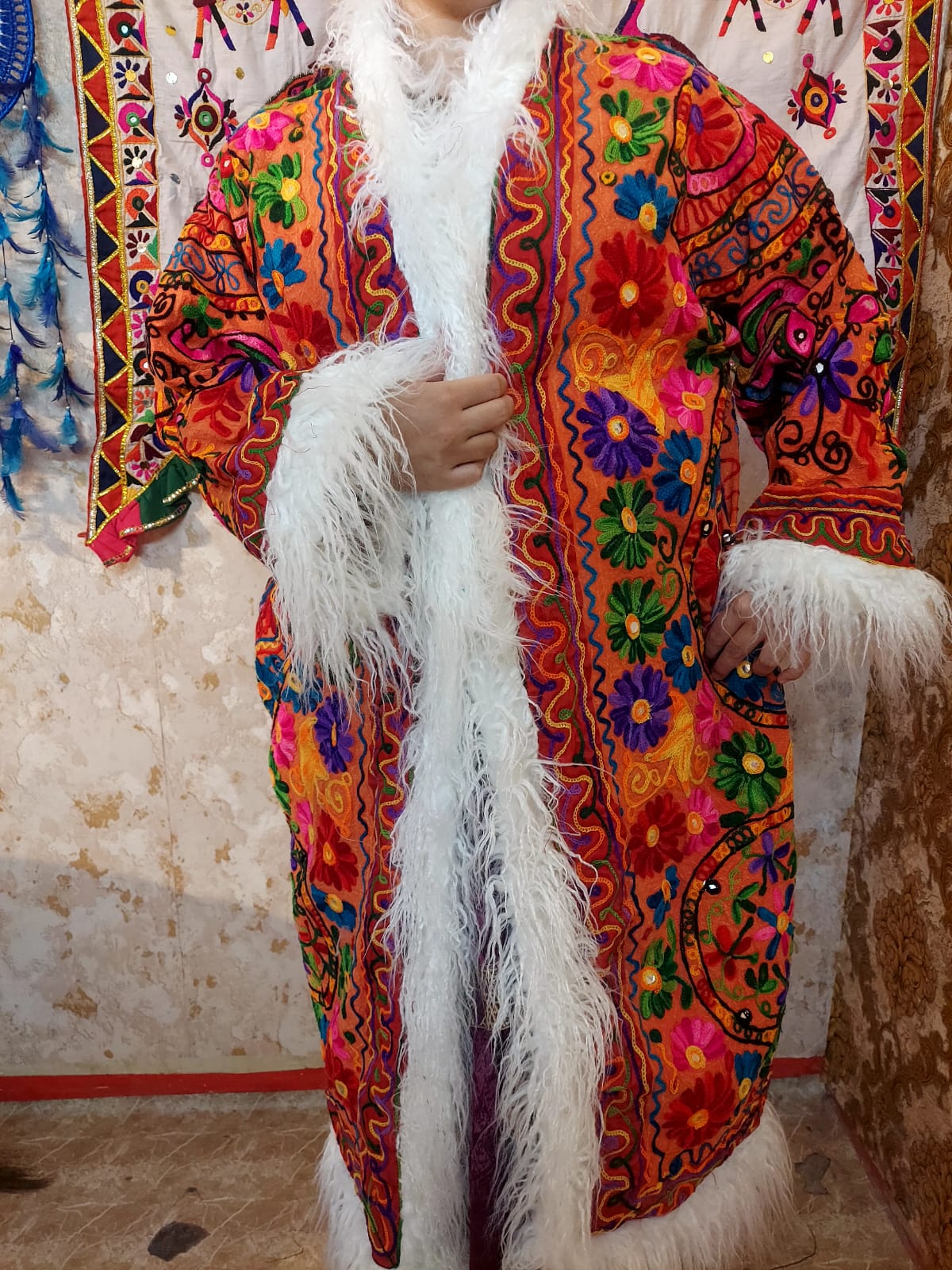Vintage Lava Orange Floral Embroidered Afghan Coat: Mongolian Fur Trim, Reversible Cotton,