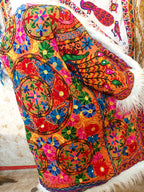 Vintage Lava Orange Floral Embroidered Afghan Coat: Mongolian Fur Trim, Reversible Cotton,