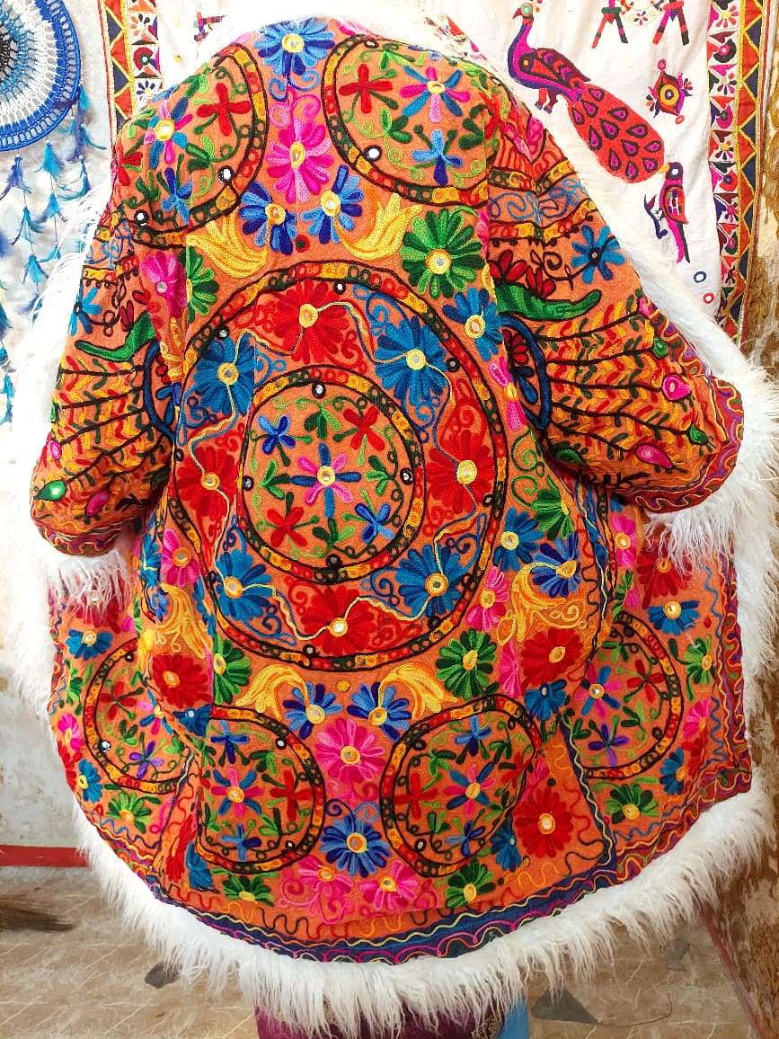 Vintage Lava Orange Floral Embroidered Afghan Coat: Mongolian Fur Trim, Reversible Cotton,