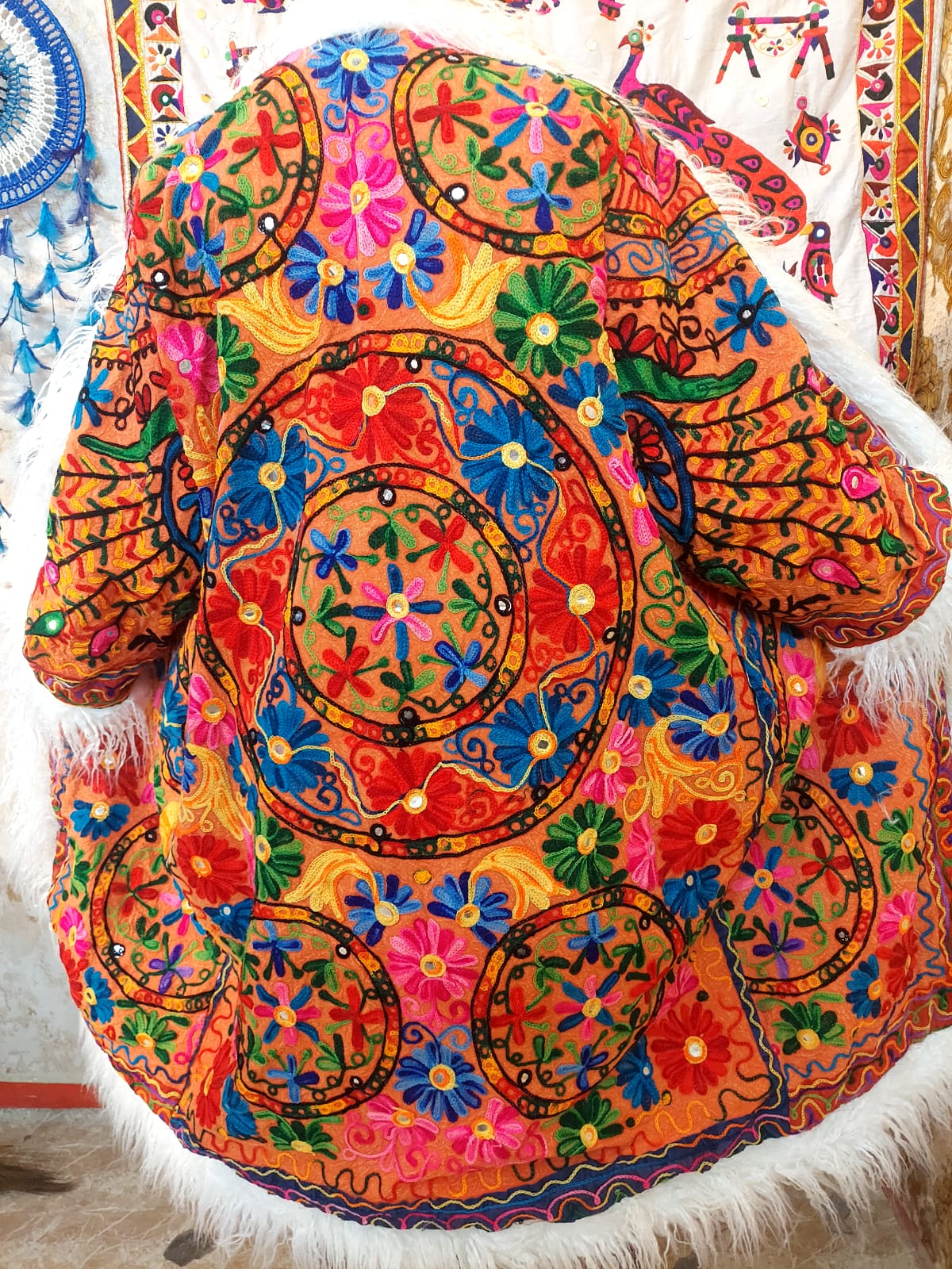 Vintage Lava Orange Floral Embroidered Afghan Coat: Mongolian Fur Trim, Reversible Cotton,