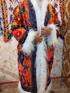 Vintage Lava Orange Floral Embroidered Afghan Coat: Mongolian Fur Trim, Reversible Cotton,
