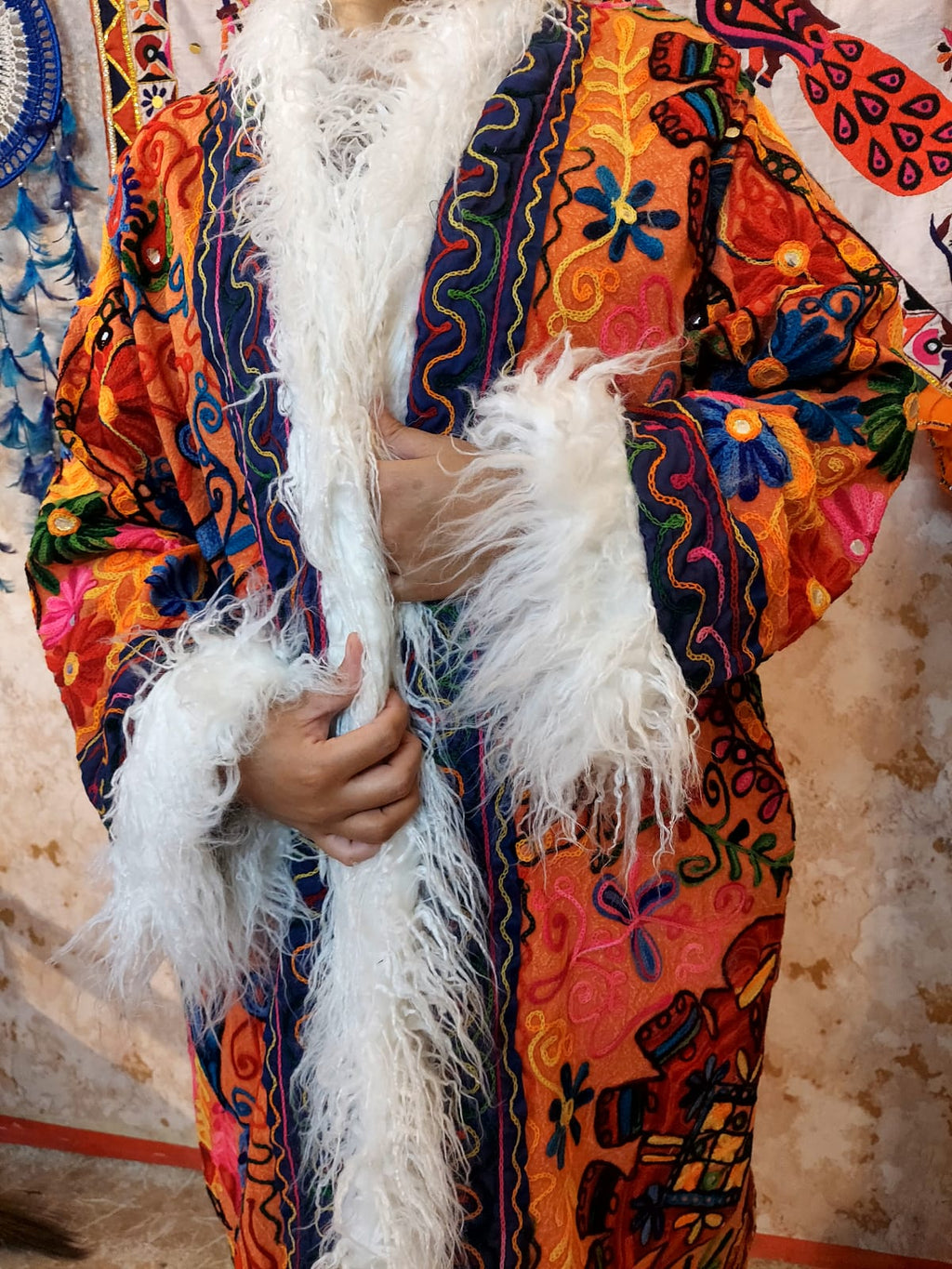 Vintage Lava Orange Floral Embroidered Afghan Coat: Mongolian Fur Trim, Reversible Cotton,